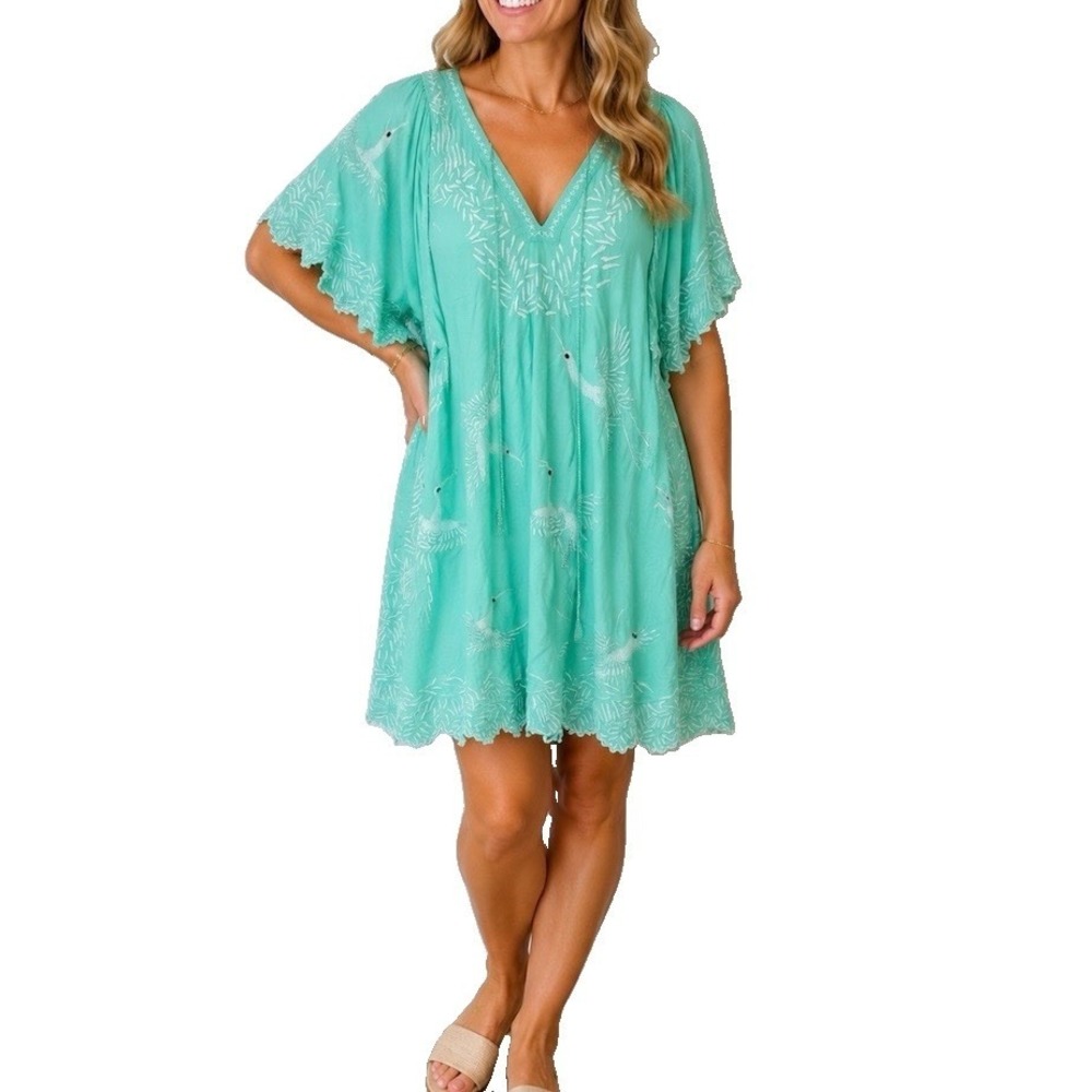 Sundance Aquamarine Embroidered Birds Floral Cotton Boho Beach Dress Size LARGE